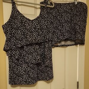 2pc Cacique Black Top And Mini Skirt with White Dot Print - Tiered Flowy Style